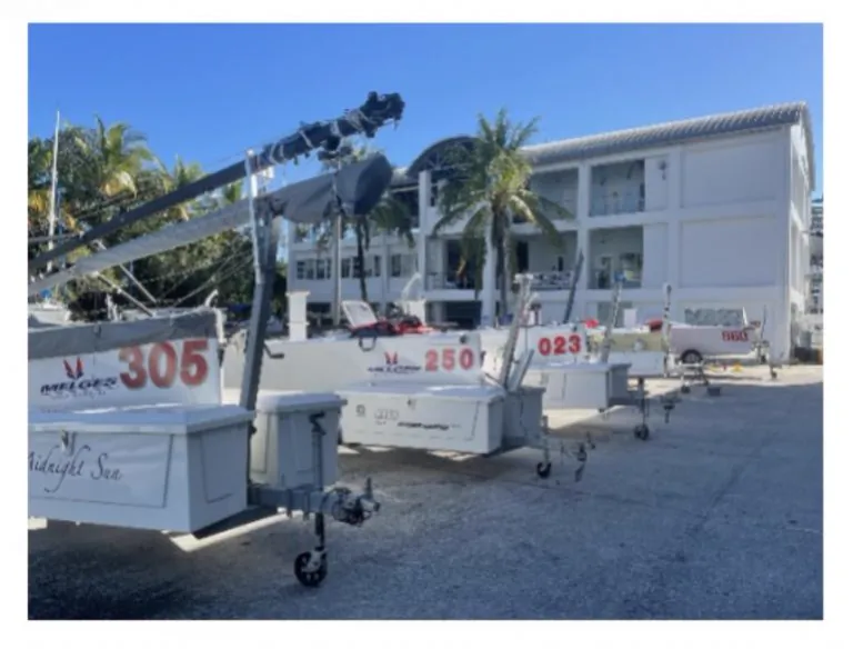Melges 20 keelboats parked on their trailers in the boat yard