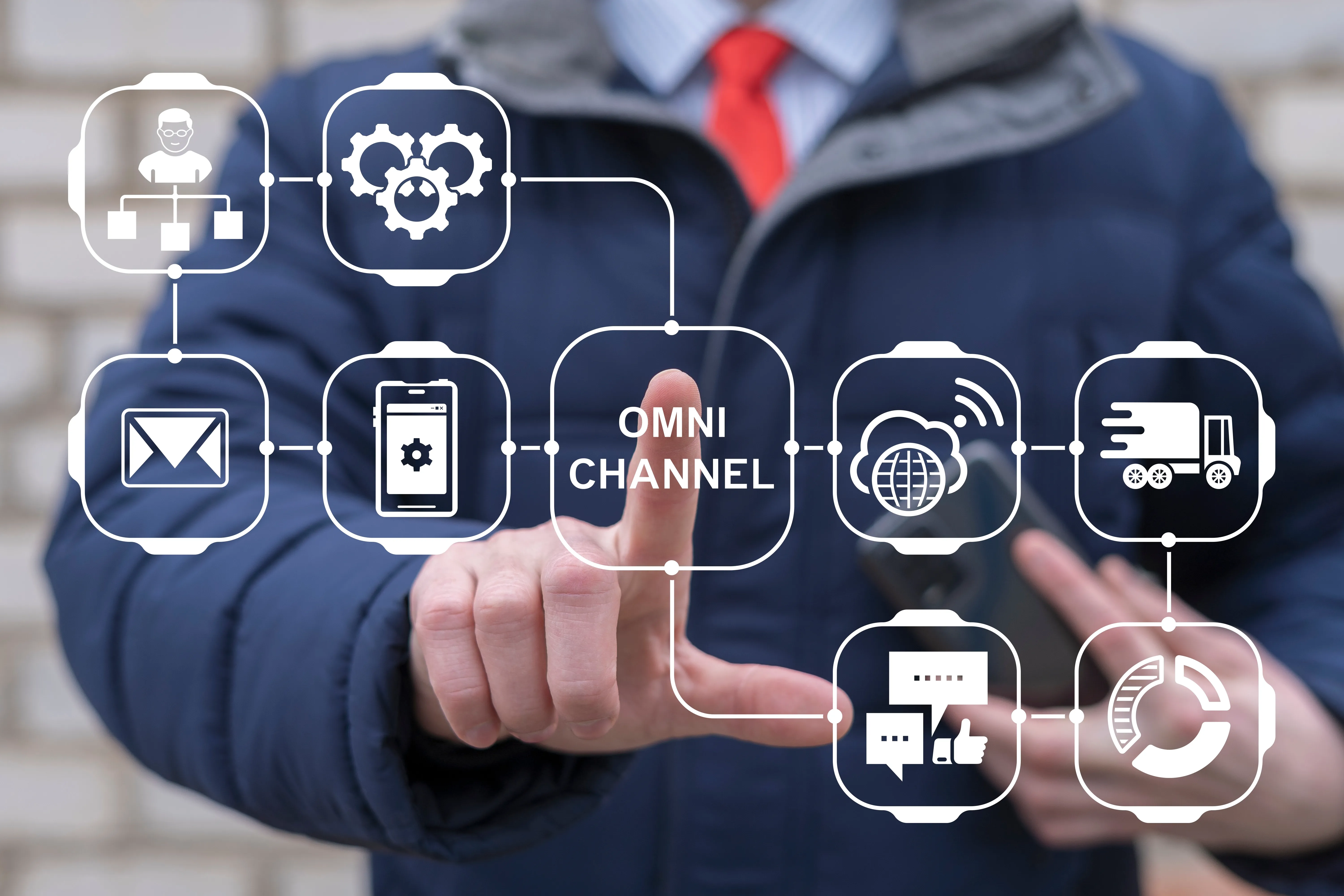 Finger pressing an omnichannel hub connected to email, mobile, cloud, social, delivery, and analytics channel icons