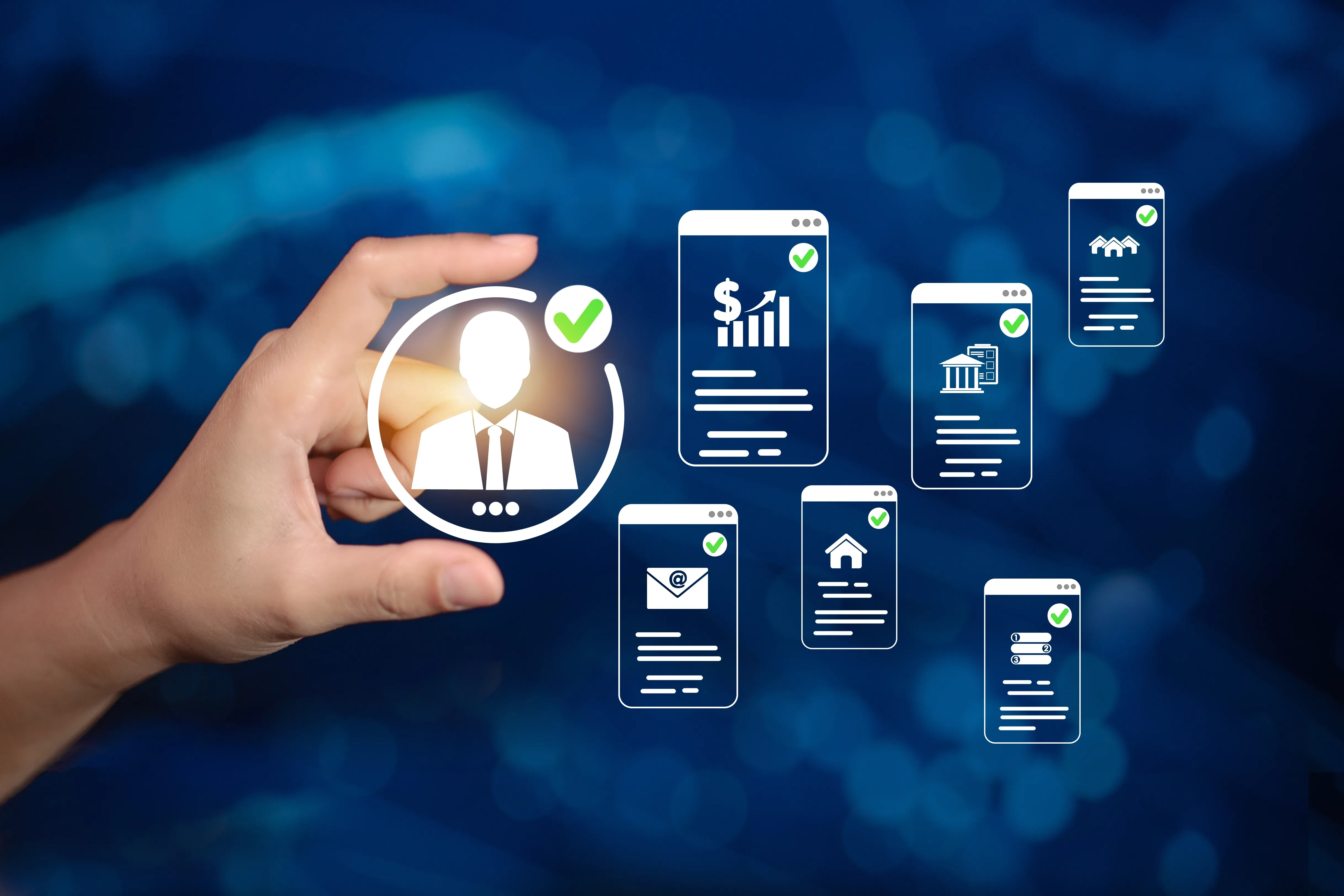 Hand holding a verified customer profile icon linked to CRM data cards for email, household, finance, and revenue