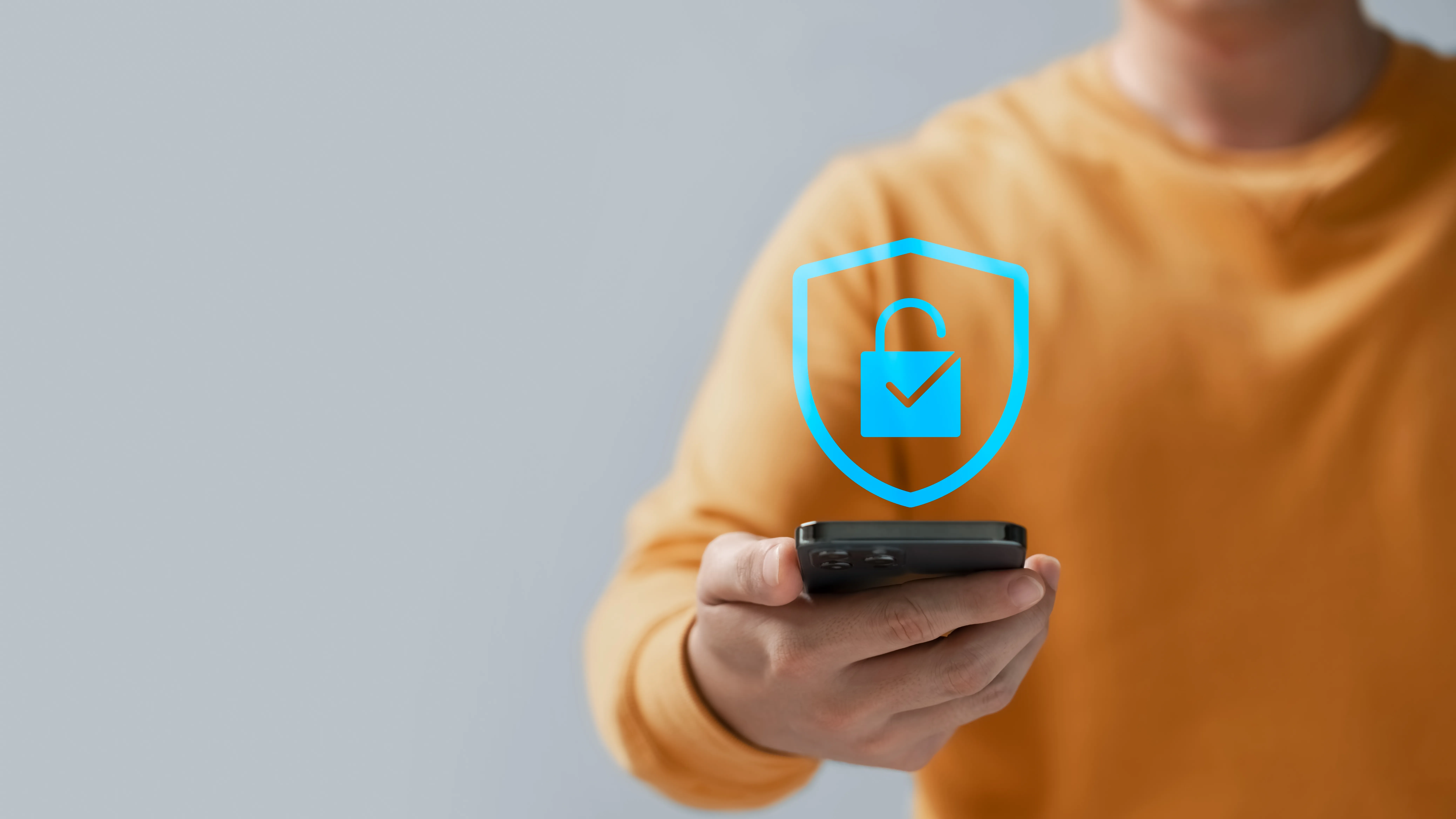 Person holding a smartphone beneath a shield and padlock with a checkmark, representing privacy-safe data activation
