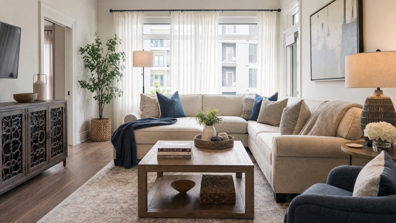 Furnished living room of a Texas corporate rental