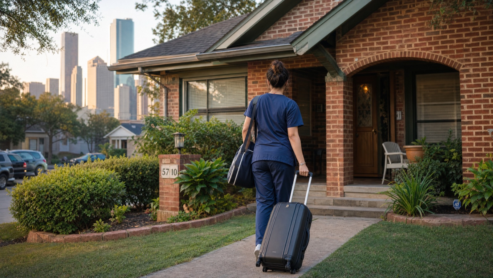 Nurse with a rolling suitcase arriving at Houston housing