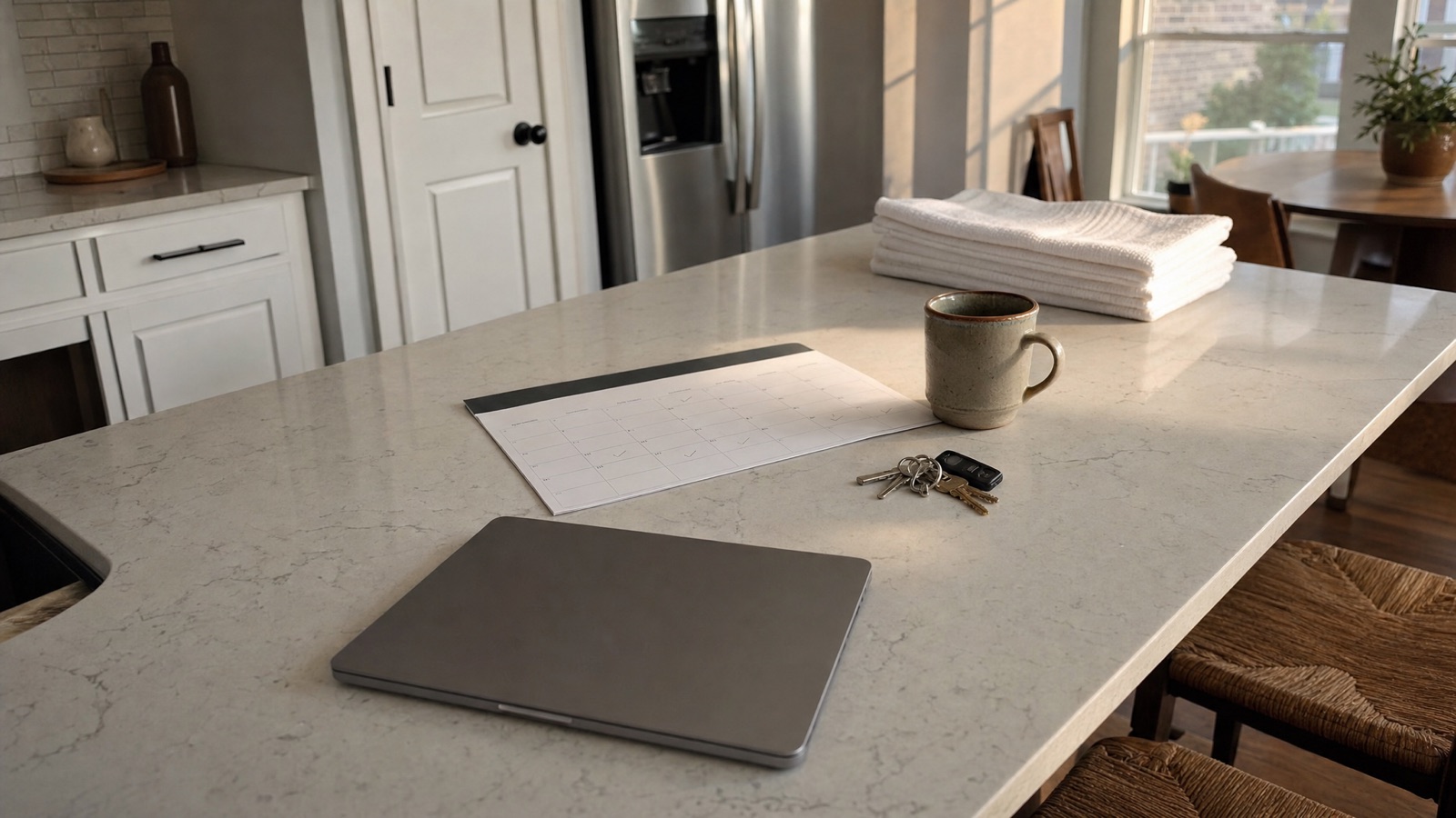 Kitchen island in a furnished home with a booking calendar, house keys and fresh towels