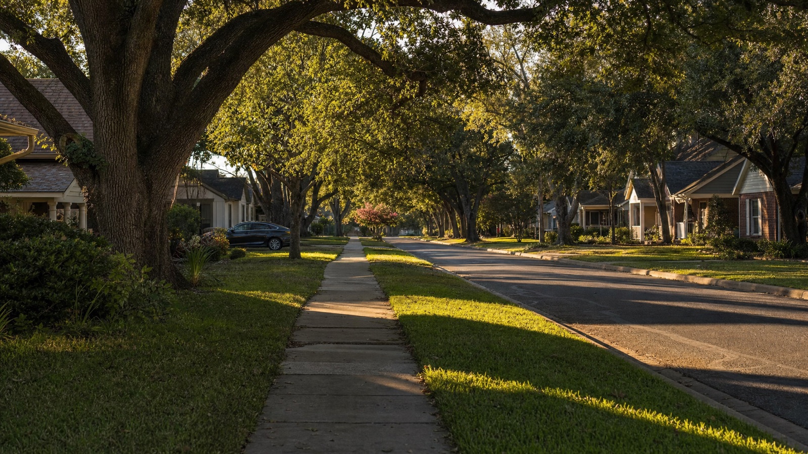 Tree-lined residential street of single-family homes in an established Texas neighborhood