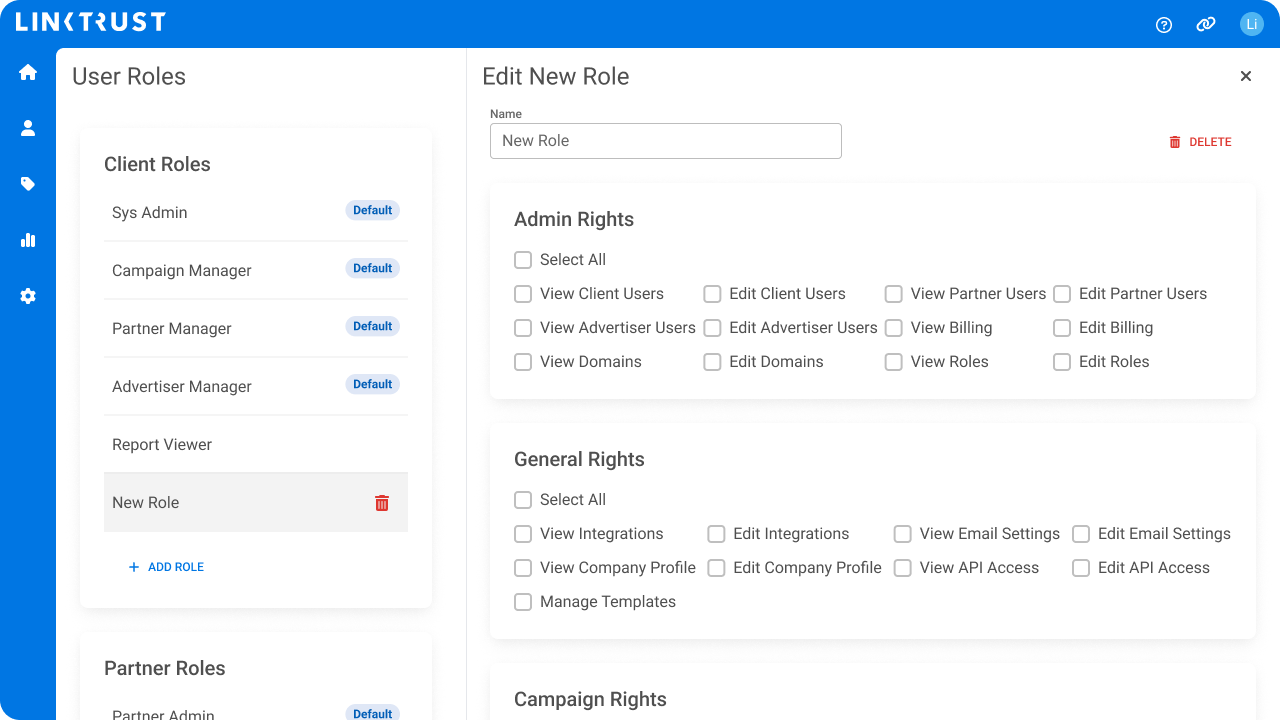 An image of LinkTrust 8's Role Management page.