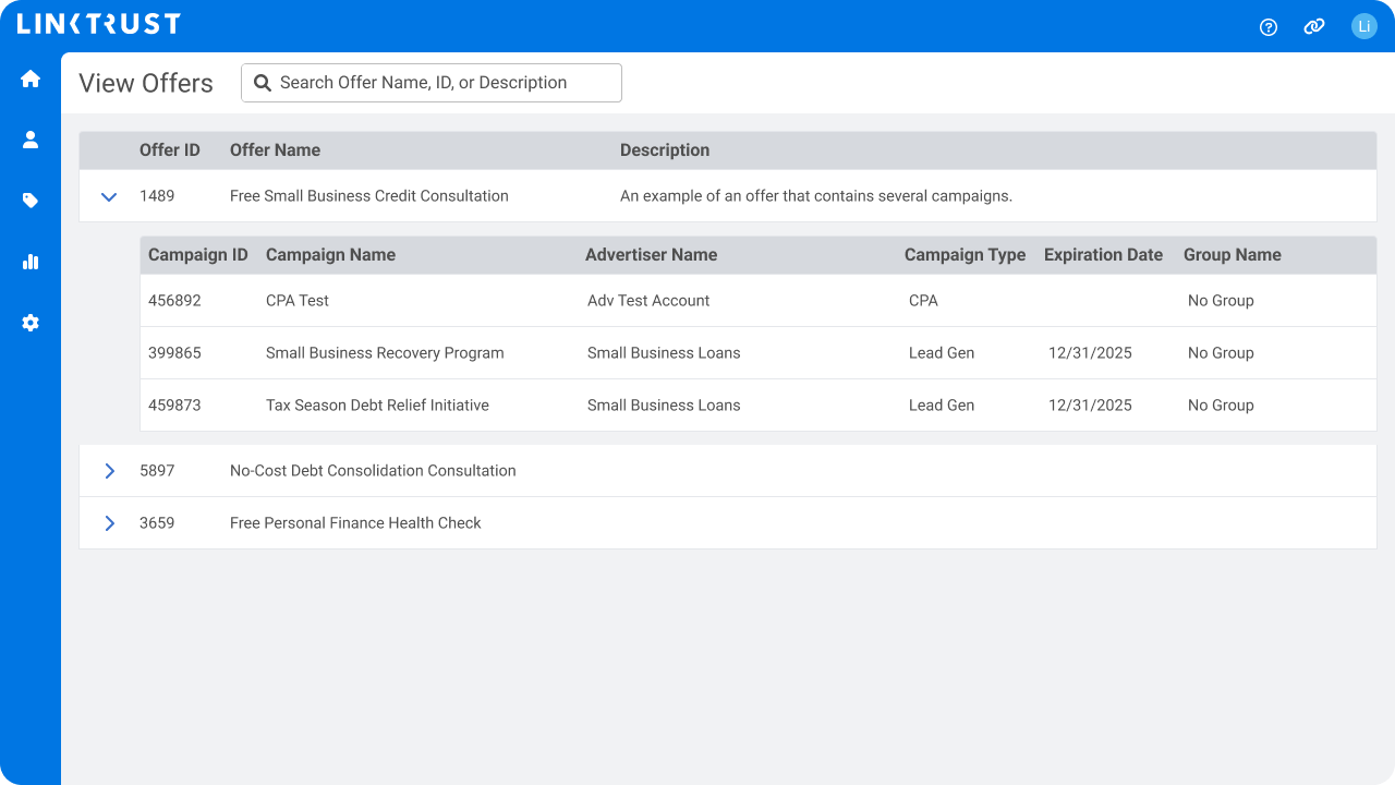 An example of campaigns assigned to offers. 