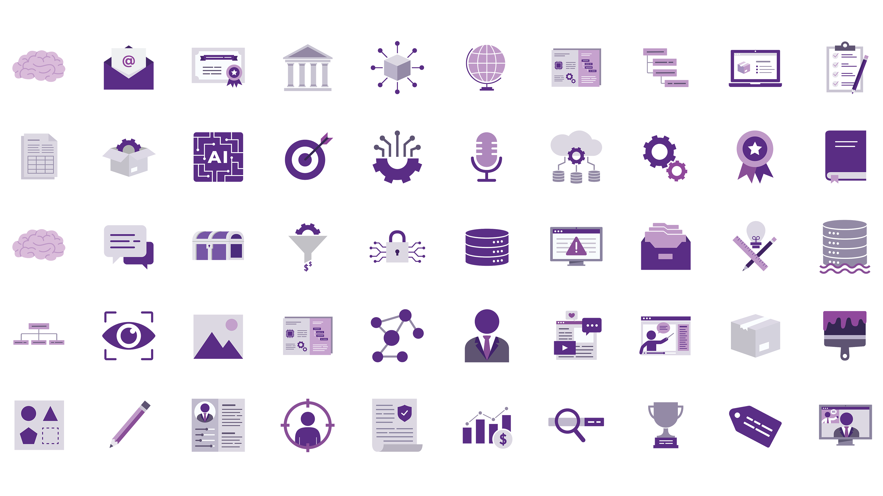 Grid of various purple icons including brain, email, certificate, globe, gear, microphone, lock, database, and chart.