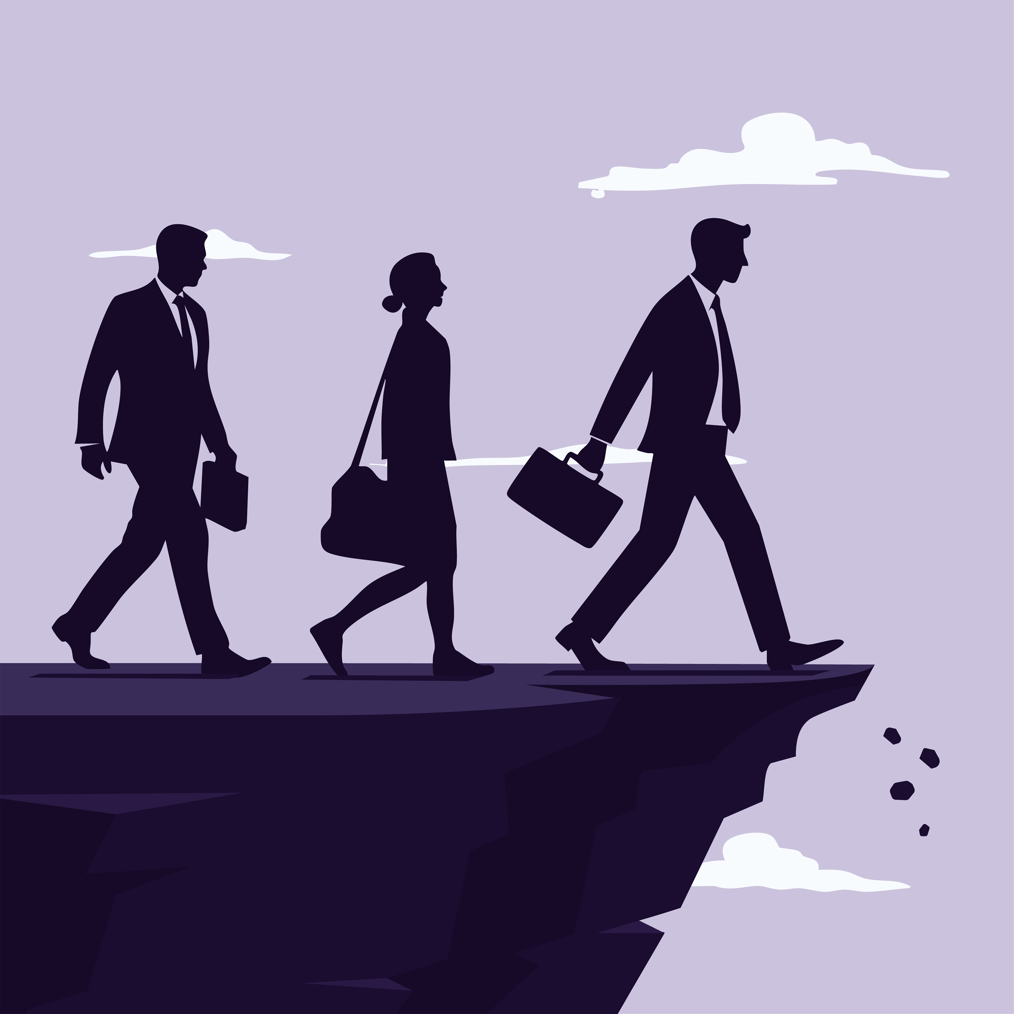 Silhouettes of three business people walking toward cliff edge, one stepping off the cliff.