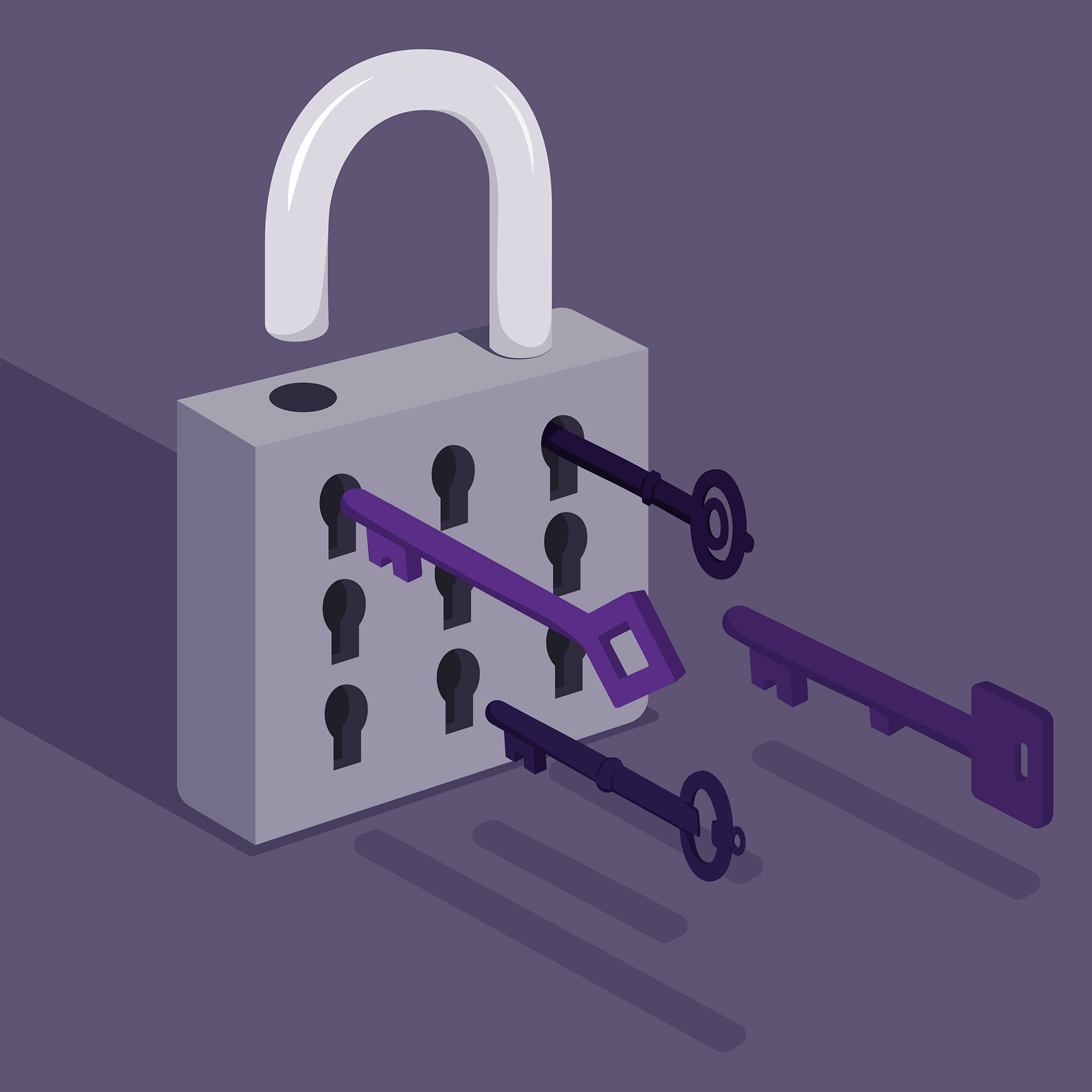 Open gray lock with multiple keyholes and several purple keys around it on purple background.