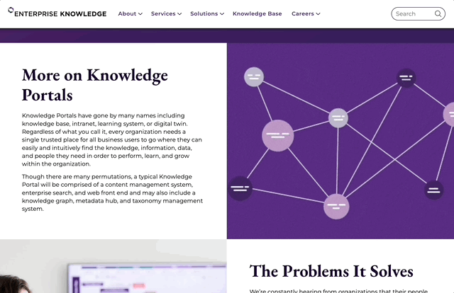Webpage section about Knowledge Portals with text and network nodes graphic on purple background.