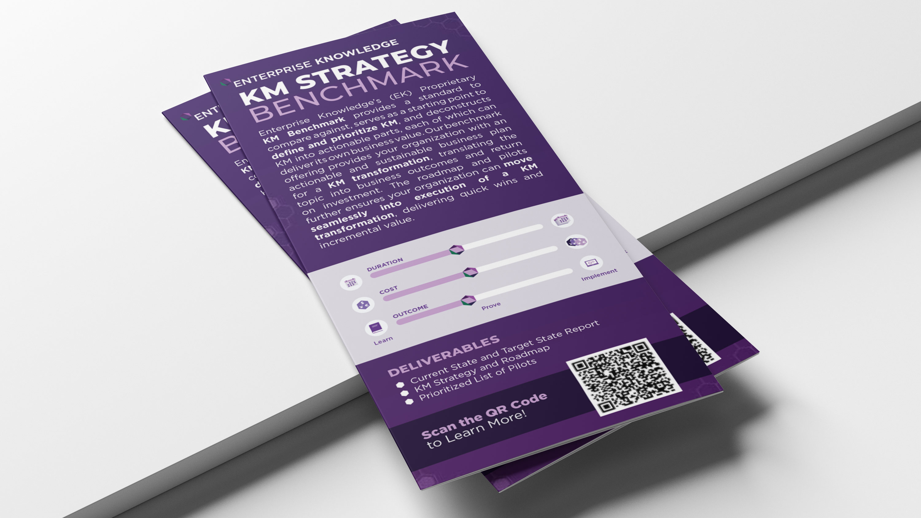 Purple brochure titled KM Strategy Benchmark explains enterprise knowledge benefits and deliverables with a QR code.