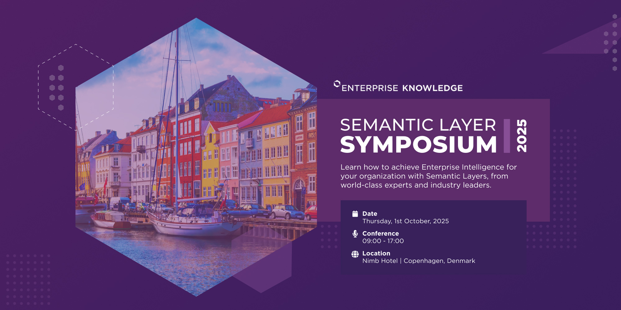 Colorful buildings and boats at a Copenhagen canal with text about 2025 Semantic Layer Symposium event.