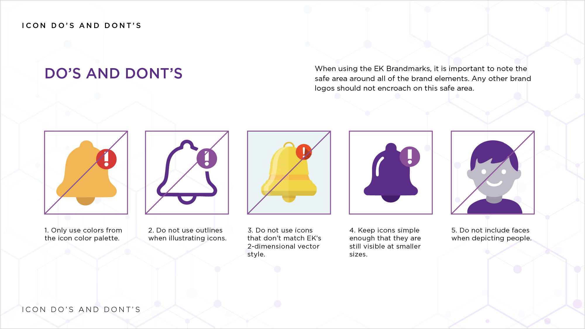 Icons do's and don'ts showing correct and incorrect bell and person icon styles and usage rules.