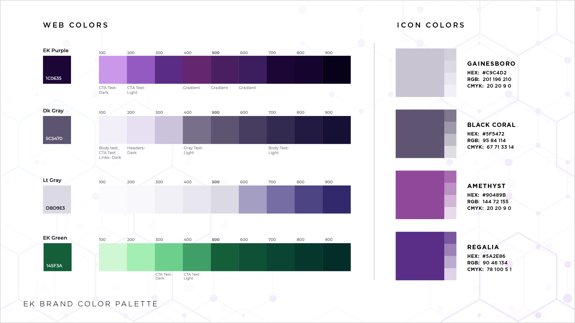 EK brand color palette with web gradient scales and icon color swatches including purple, gray, green shades.