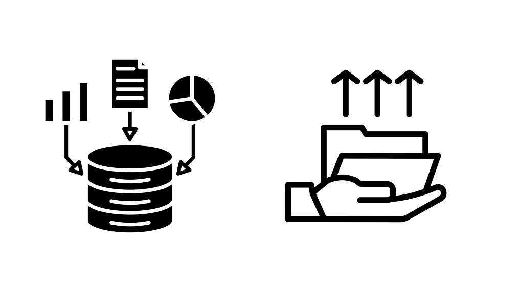 Icons showing data input to a database and a hand holding folders with arrows pointing up.