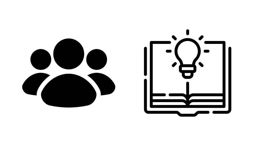 Two icons: group of three people on left and open book with glowing lightbulb on right.
