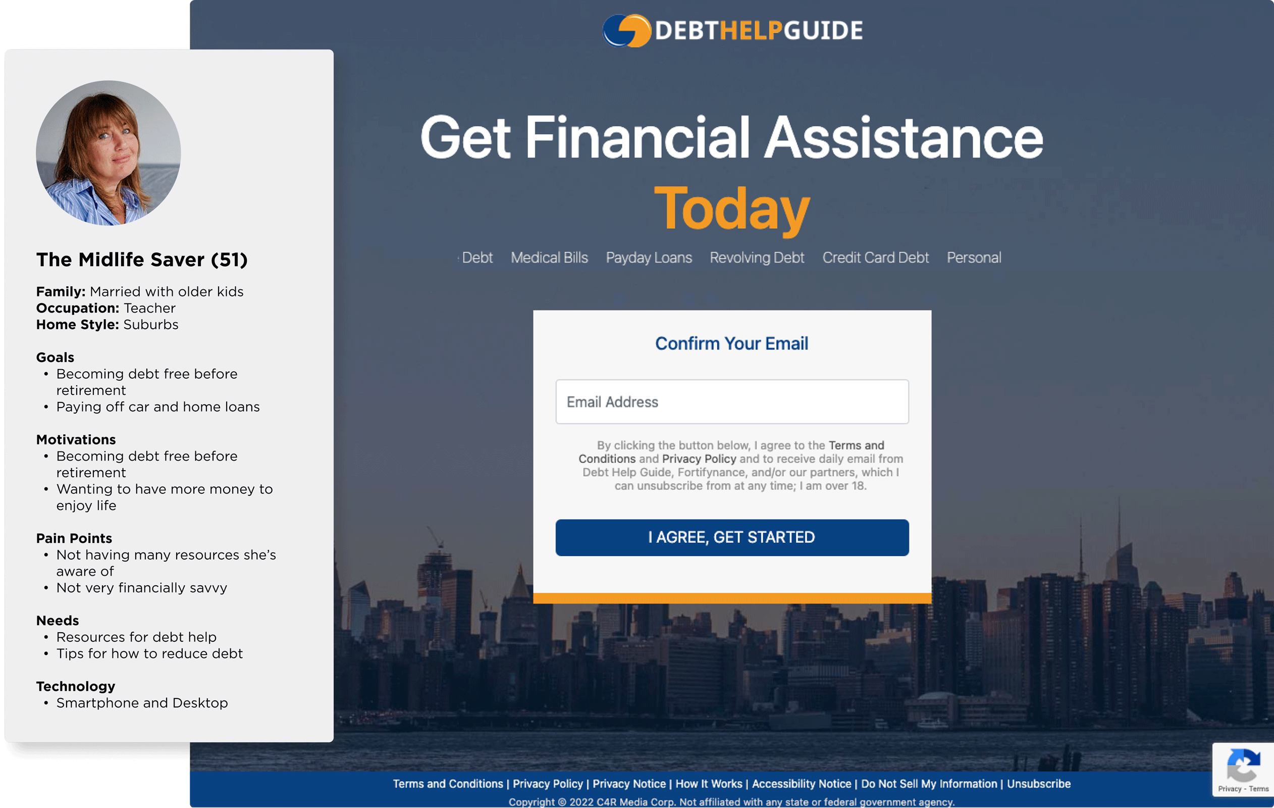 Profile of a woman labeled The Midlife Saver with debt-related goals and a financial assistance signup form.