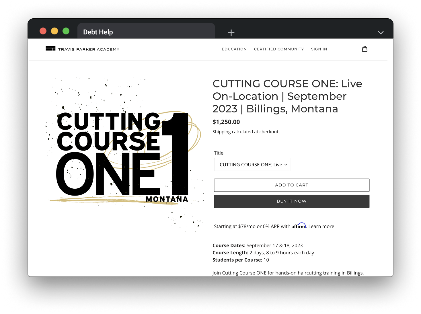 Web page for Cutting Course One live haircutting training in Billings, Montana, priced at $1,250 with payment options.