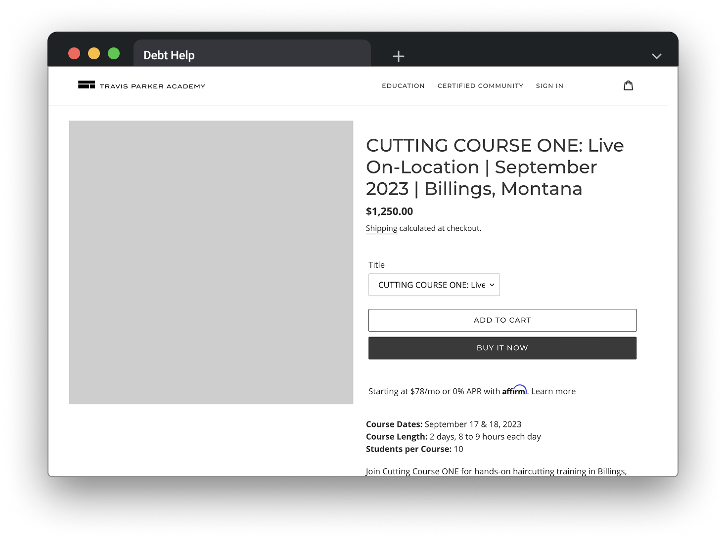 Website page for Cutting Course ONE live haircutting training in September 2023, Billings, Montana, priced at $1,250.