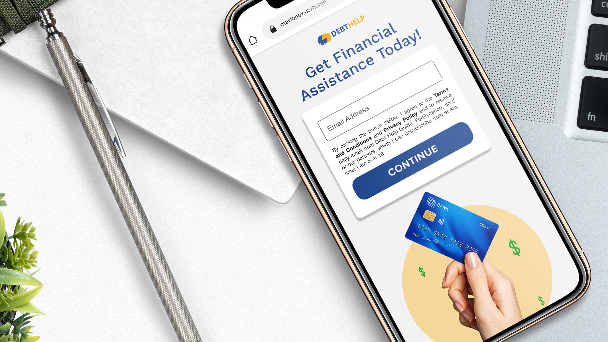 Smartphone screen shows form for financial help with email entry and a hand holding a blue credit card.