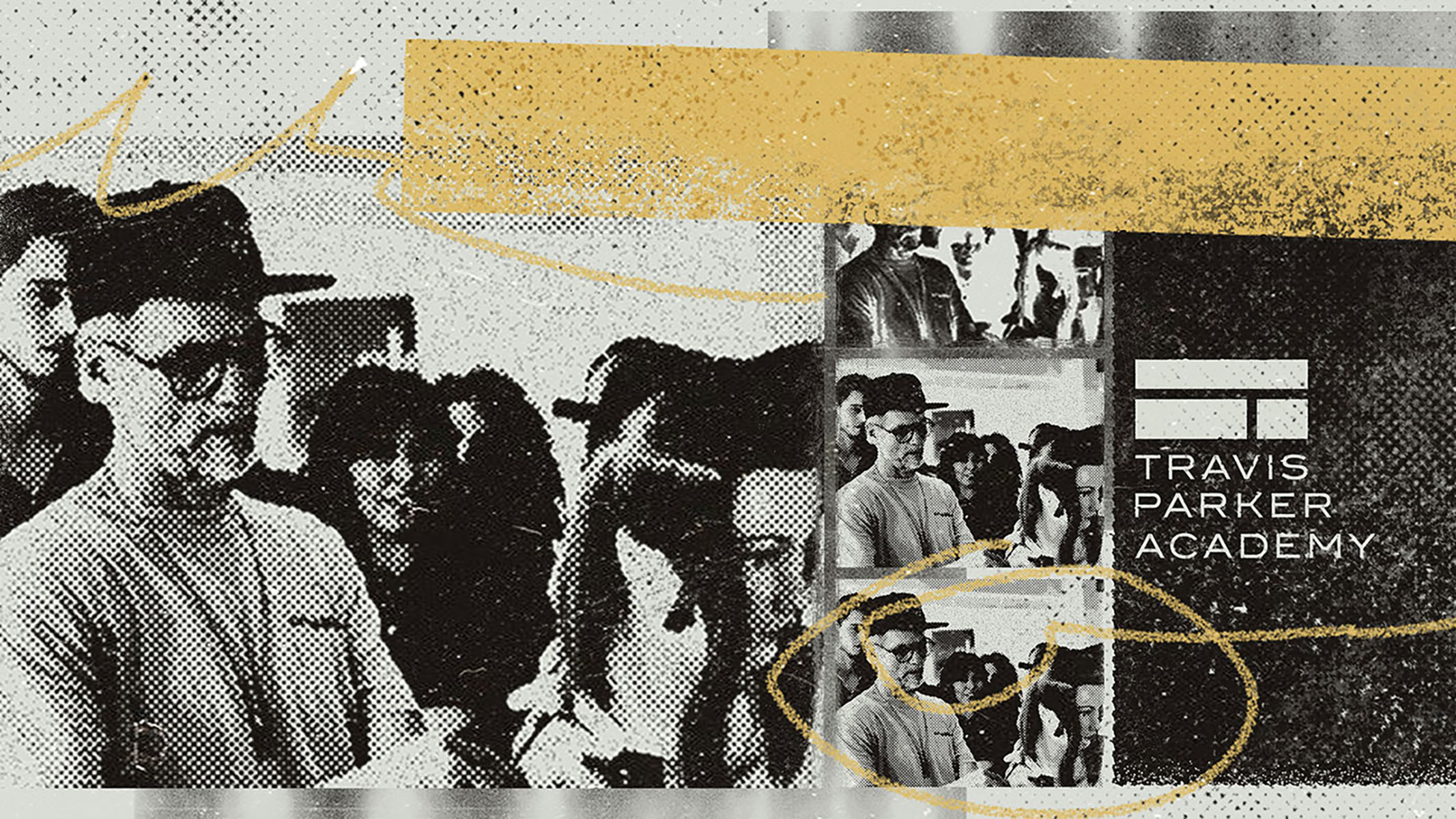 Black and white collage of a man in glasses and hat with group and Travis Parker Academy logo.