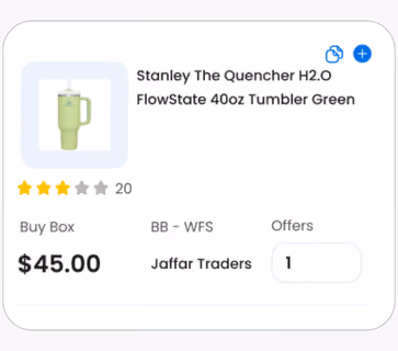 Sellify online arbitrage software tool exploring Stanley The Quencher H2.0 FlowState 40oz Tumbler Green listing, showing buy box price, offers, and seller information