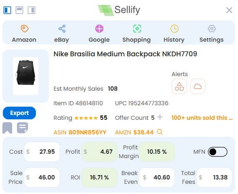 Walmart seller tool displaying Nike Brasilia Medium Backpack listing with item ID, rating, profit margin, and fees