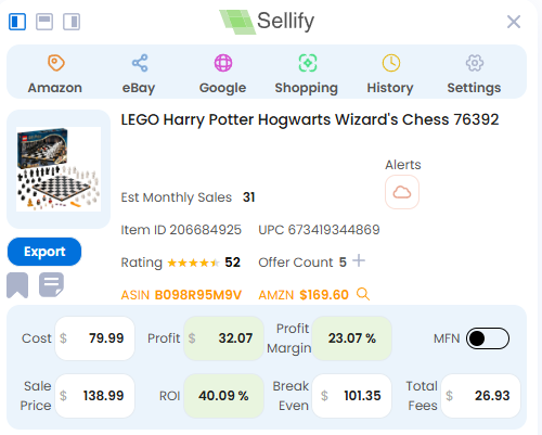 Sellify Walmart product research tool analyzing LEGO Harry Potter Hogwarts Wizard's Chess listing, showing item ID, rating, profit, and fees