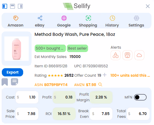 WFS Walmart software for sellers showing Method Body Wash, Pure Peace listing, including cost, profit, and break-even point