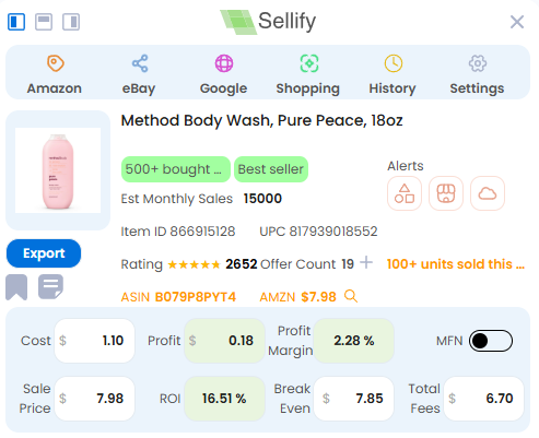 WFS Walmart software for sellers showing Method Body Wash, Pure Peace listing, including cost, profit, and break-even point
