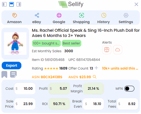 Sellify Walmart profit calculator analyzing Milwaukee M18 FUEL Impact Wrench listing, highlighting cost, profit margin, and sales data