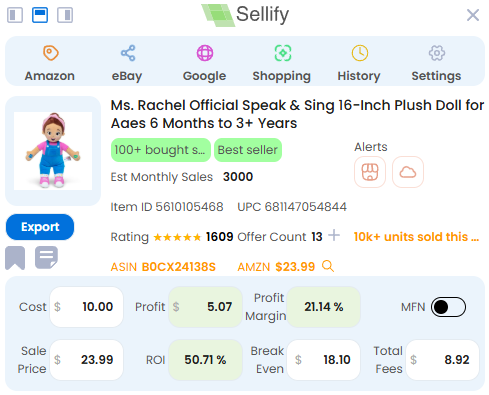 Sellify Walmart profit calculator analyzing Milwaukee M18 FUEL Impact Wrench listing, highlighting cost, profit margin, and sales data