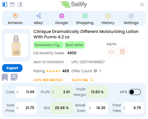 Sellify Walmart fee calculator for Clinique Dramatically Different Moisturizing Lotion listing, featuring item ID, rating, cost, and ROI