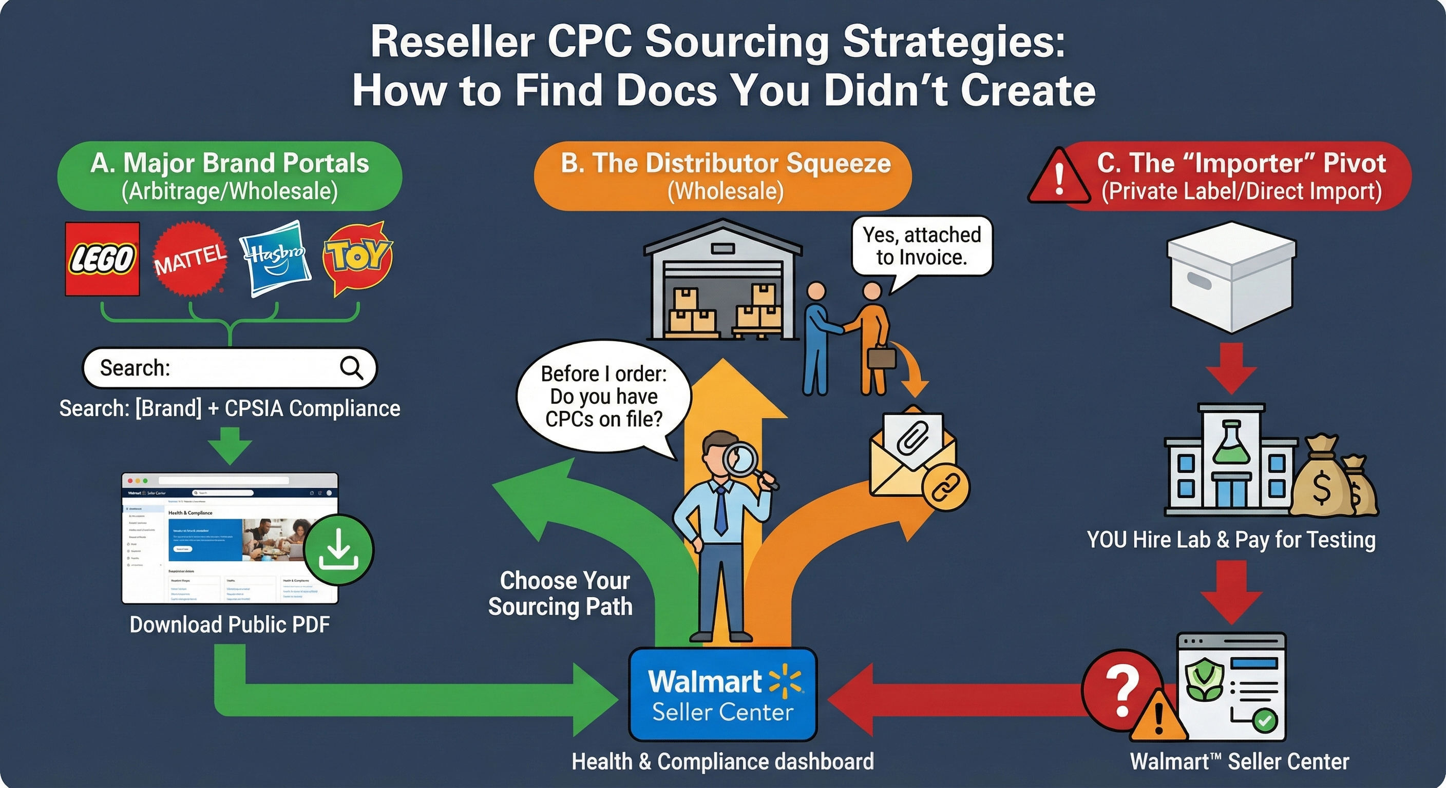 Flowchart diagram titled 'Walmart Toy Compliance Workflow (2026): From Lab to Live Listing'. It illustrates the process starting with a 'Toy Product' being sent to a 'CPSC-Accepted Third-Party Lab'. The lab generates two key documents: a 'Test Report' and a 'Children's Product Certificate (CPC)' containing seven mandatory data points like Product ID and Importer Info. These documents are submitted to the 'Walmart Seller Center Health & Compliance Dashboard'. The chart diverges into two outcomes: a green path for 'Documents Verified & Matched' resulting in 'Listing Approved', and a red path for 'Missing Info or Mismatch' resulting in 'Listing Gated'.