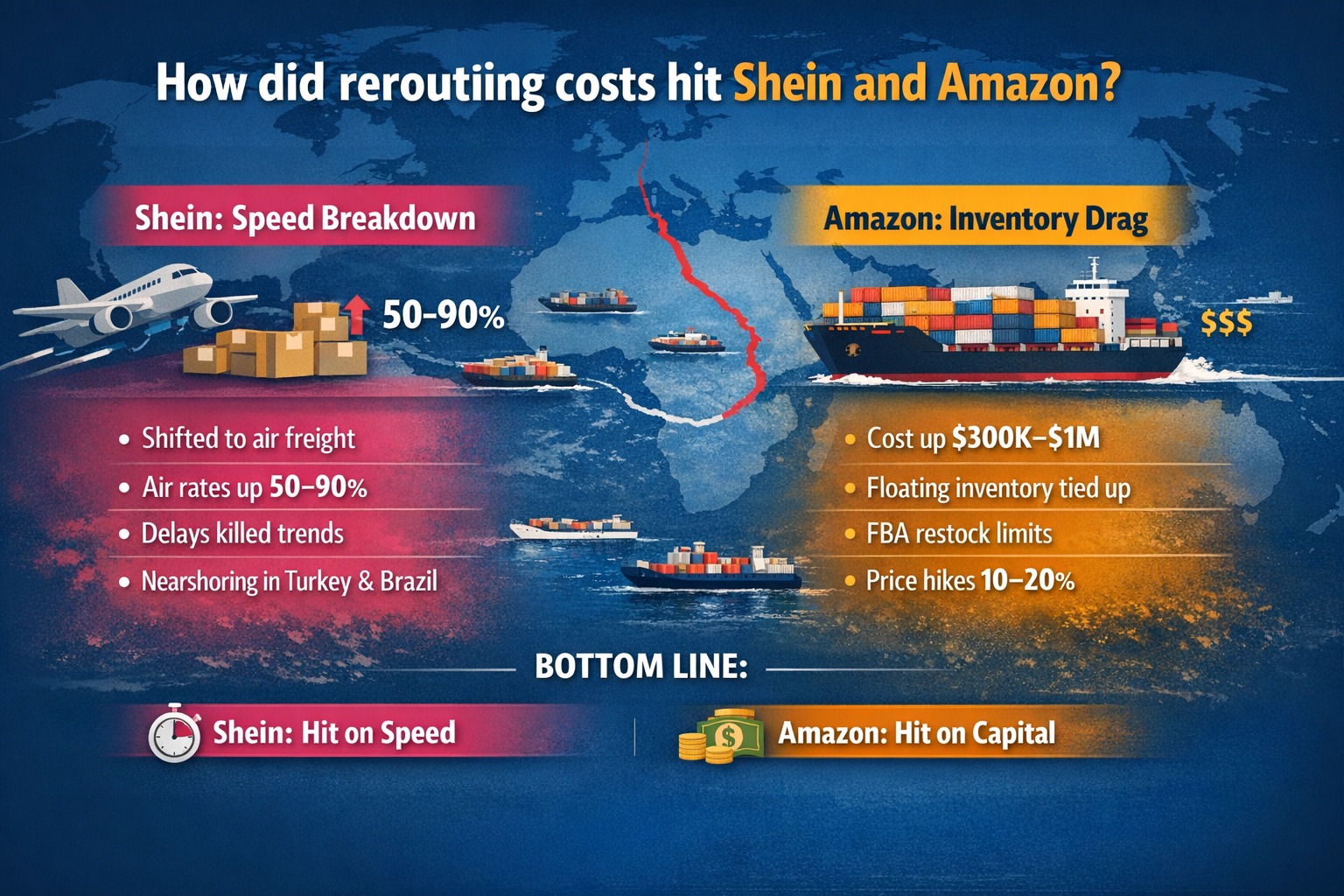 How did rerouting costs hit Shein and Amazon in the real world?