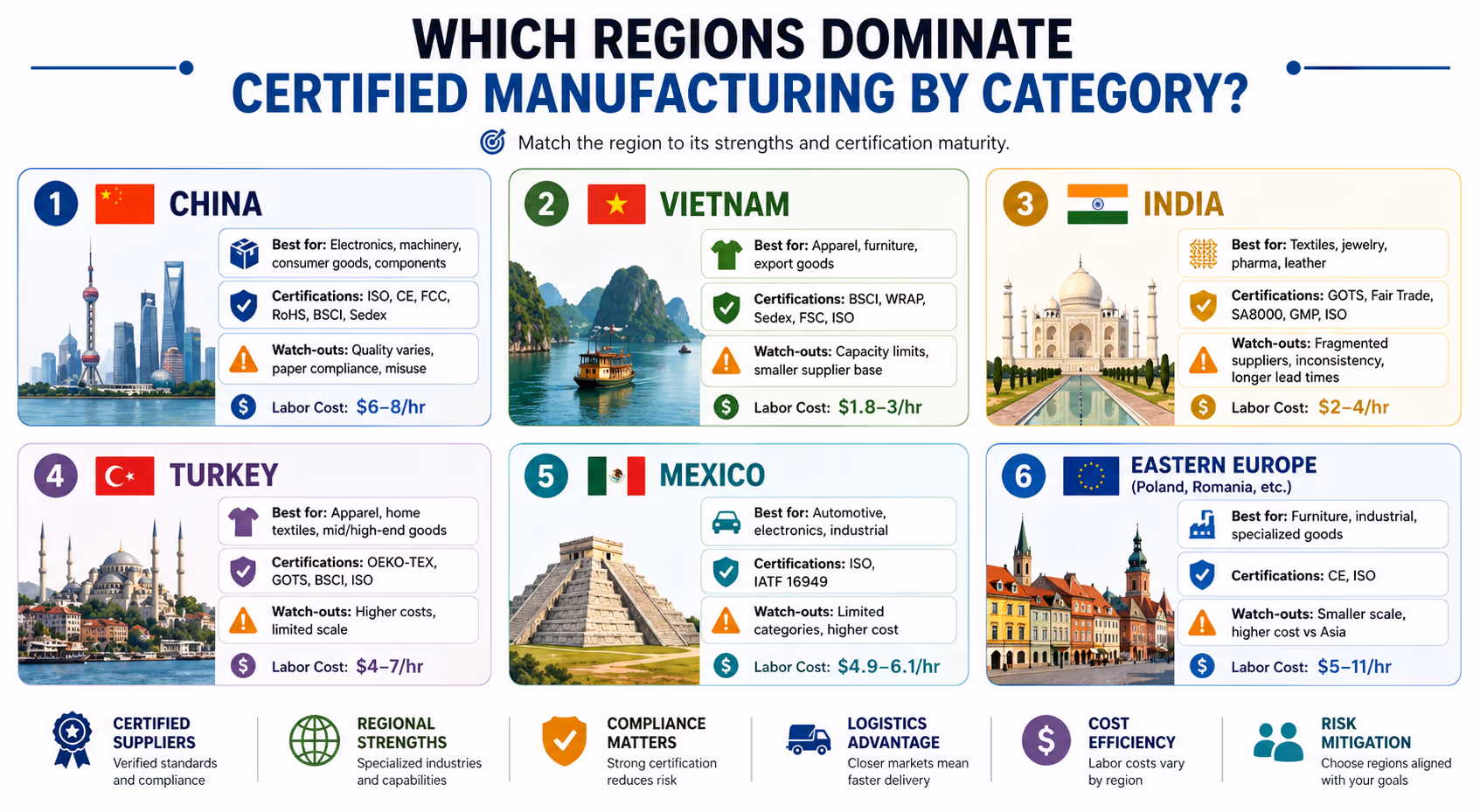 Which regions dominate certified manufacturing by category?