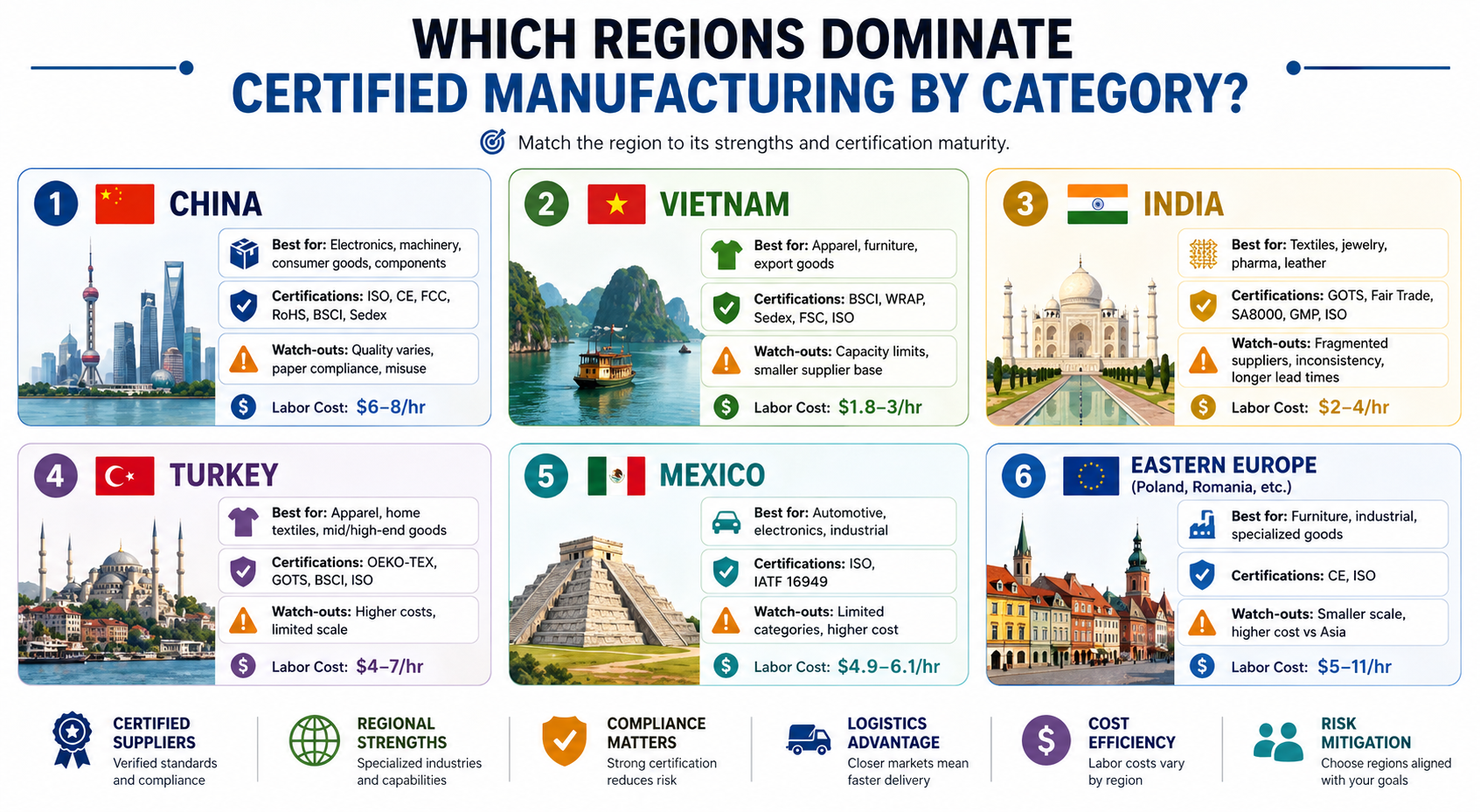 Which regions dominate certified manufacturing by category?