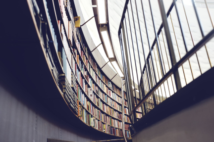 A brightly-lit room featuring wall-to-wall windows opposite a very modern looking wall of shelves filled with books.