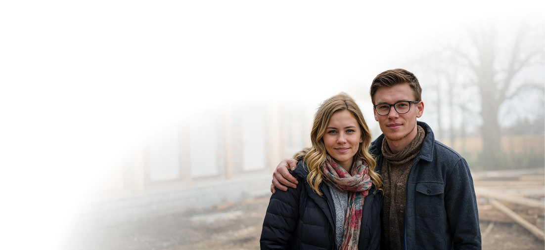 Couple with a house in the background