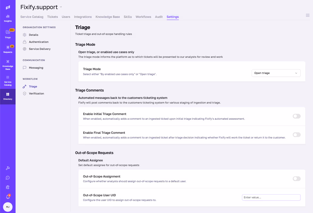 Fixify Triage settings tab, including Triage Mode, Comments, and Out-of-Scope Requests