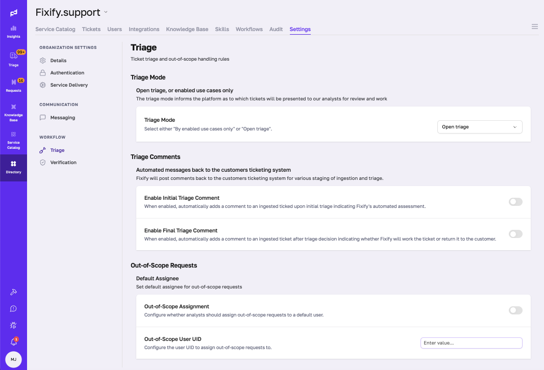 Fixify Triage settings tab, including Triage Mode, Comments, and Out-of-Scope Requests