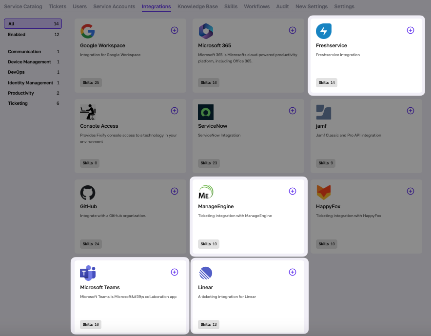 Fixiy now seamlessly integrates with Freshservice, ManageEngine, Linear, and Microsoft Teams