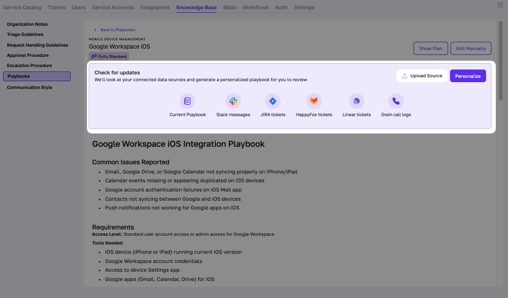 Connect to your data sources to generate a personalized playbook inside Fixify