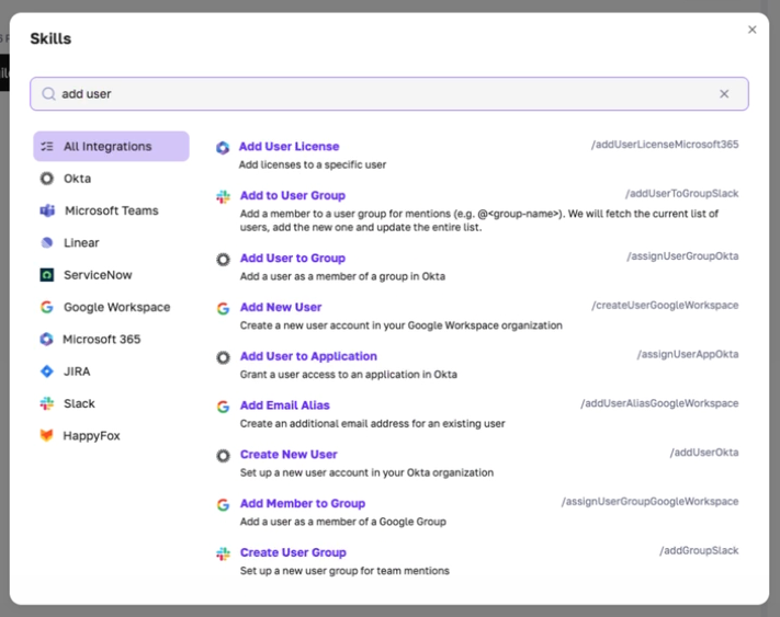 Pop-up that allows you to search for skills by keywords or integrations
