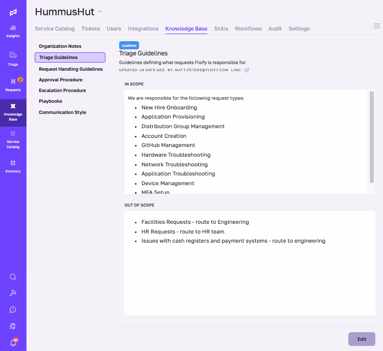 Custom Triage guidelines define what requests Fixify is responsible for