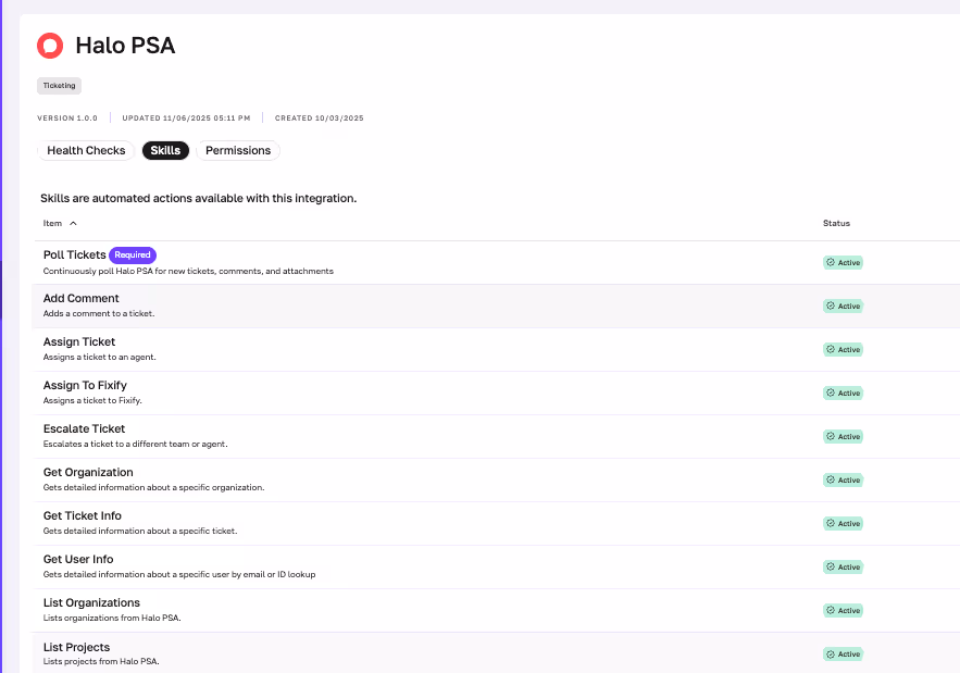 A list of skills included in the Fixify Halo PSA integration