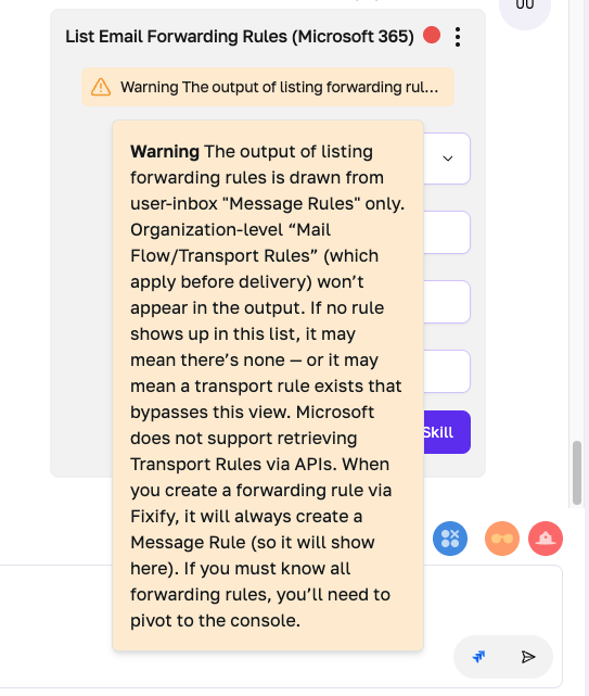 Example of a warning in Fixify regarding email forwarding