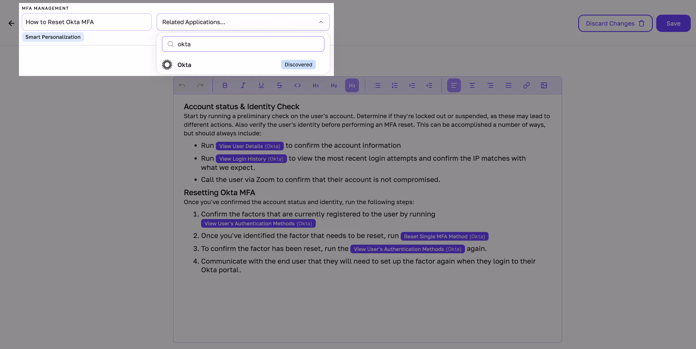 Fixify shows which apps are associated with a playbook
