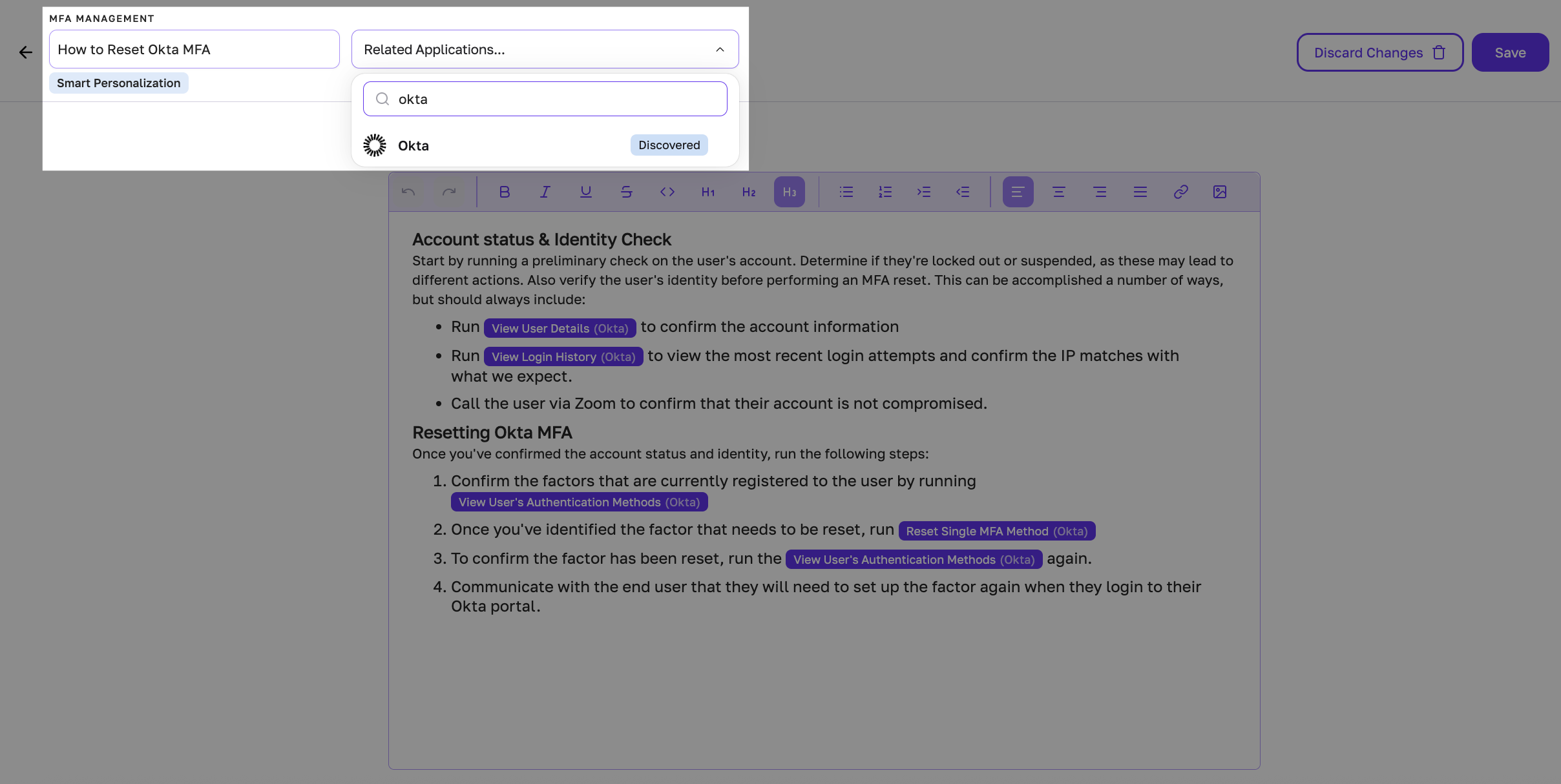 Fixify shows which apps are associated with a playbook
