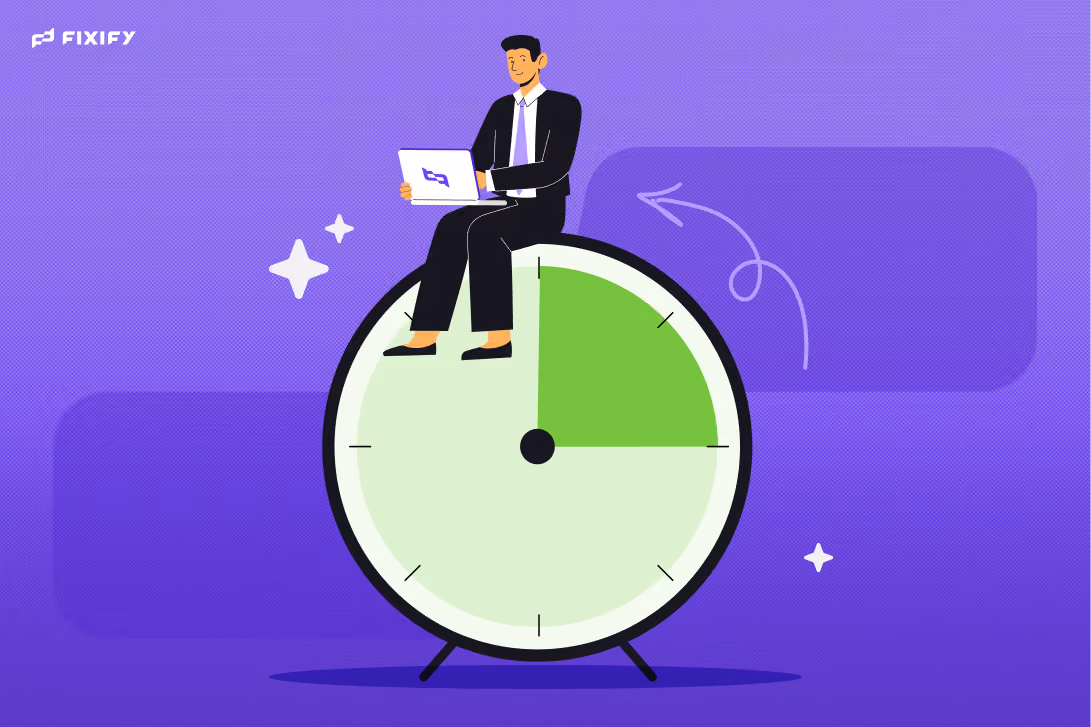 Man working on a laptop while sitting on a clock ticking backwards